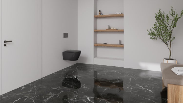 Modernes Badezimmer mit Hänge-WC, Holzregal und Marmorboden