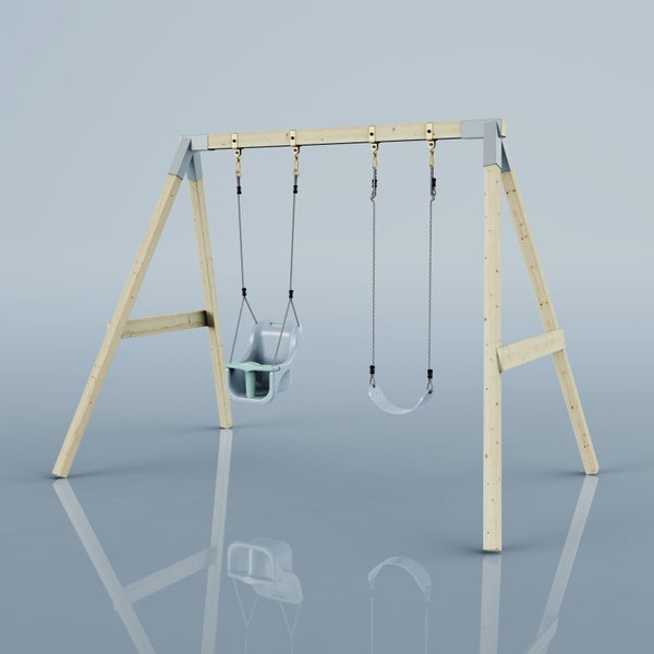 Doppelschaukel aus Holz mit einem Sicherheitssitz für Kleinkinder und einer flexiblen Schaukel.