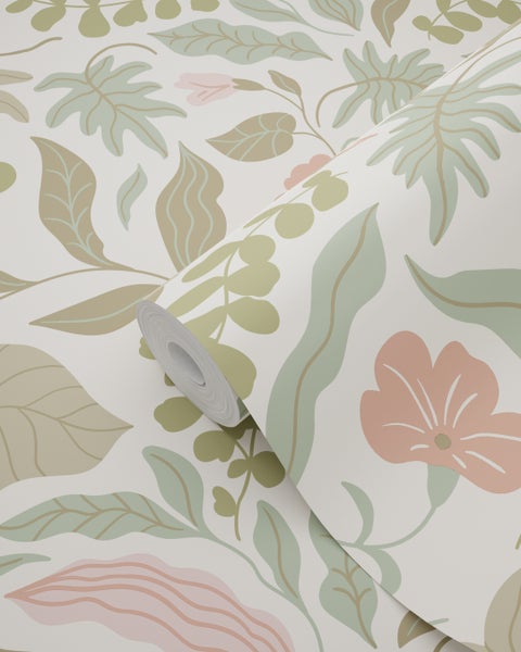 ESTAhome Tapete Blätter und Blumen Graugrün und Rosa - 50 x 900 cm - 131050