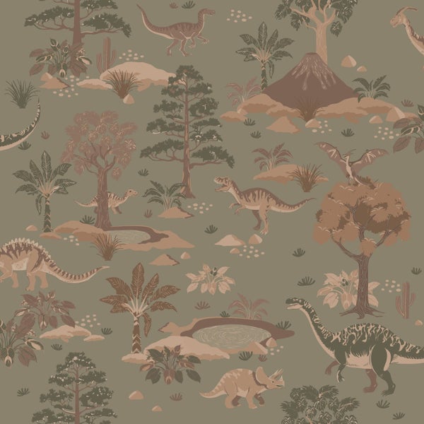 ESTAhome Tapete Dinosaurier Graugrün und Braun - 50 x 900 cm - 131657