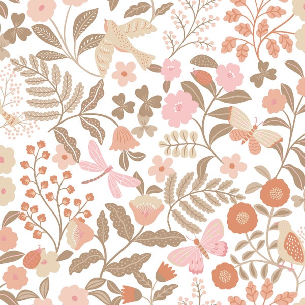 ESTAhome Tapete Blumen und Vögel Terrakotta, Taupe und Rosa - 53 cm x 10.05 m - 131391
