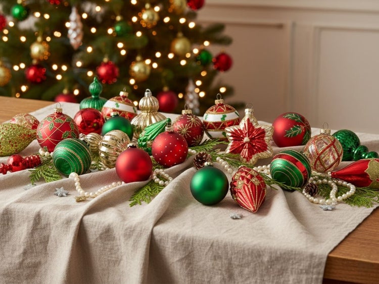 Weihnachtsbaumschmuck Set mit roten und grünen Kugeln, Anhängern und Sternen, verschiedene Muster, Glitzer und matte Oberflächen.