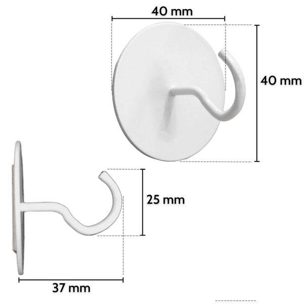 Weißer selbstklebender Haken, rund, Durchmesser 40 Millimeter, Tiefe 37 Millimeter, Hakenhöhe 25 Millimeter.