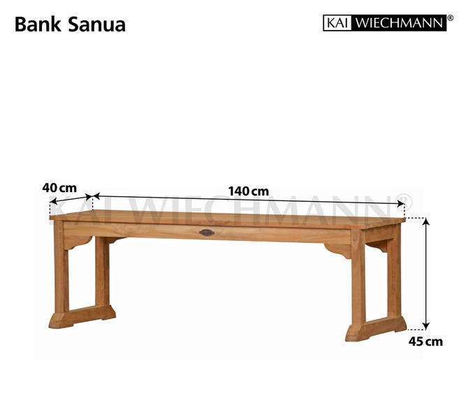 Sanua Bank aus Teakholz mit den Maßen 140 mal 40 mal 45 Zentimeter