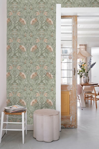ESTAhome Tapete Blumenmuster im Jugendstil Graugrün und Altrosa - 53 cm x 10.05 m - 139419