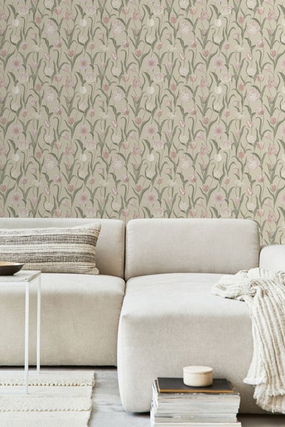 Borastapeter Tapete Blumen Rosa, Grün und Beige - 53 cm x 10.05 m - 662685