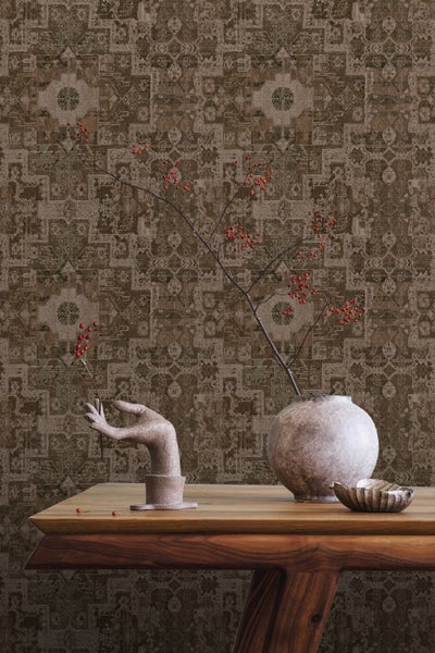 ESTAhome Tapete orientalisches Kelim-Patchwork Braun - 50 x 900 cm - 131360