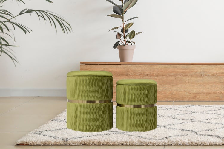 Hocker, 2er-Set stapelbar, mit Stauraum, Edelstahlsockel Pistachio-Grün Rund Ø 31,5 / 36 cm