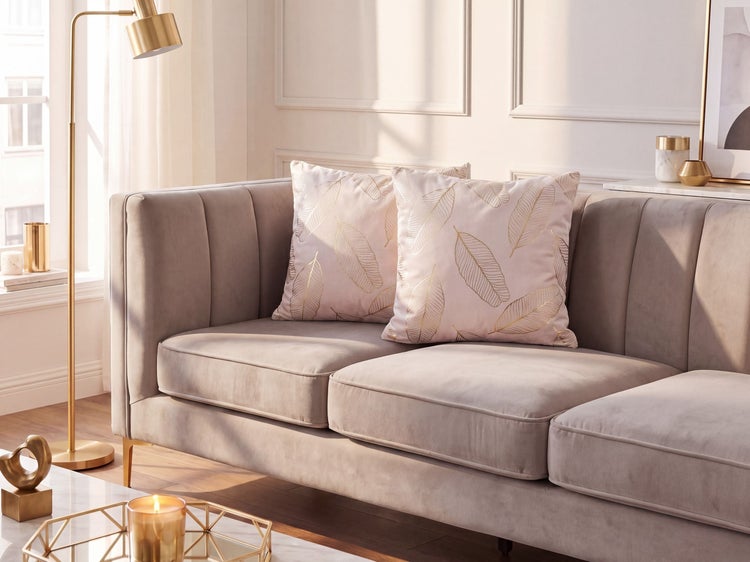 Helles Wohnzimmer mit beigem Samtsofa, zwei Zierkissen mit goldenem Blattmuster und goldfarbener Stehlampe.