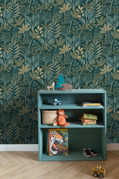 ESTAhome Tapete Blätter Dunkelblau und Grün - 50 x 900 cm - 139681