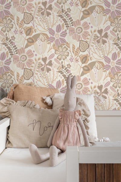 ESTAhome Tapete Blumenmuster Beige und Violett - 0.53 x 10.05 m - 139675