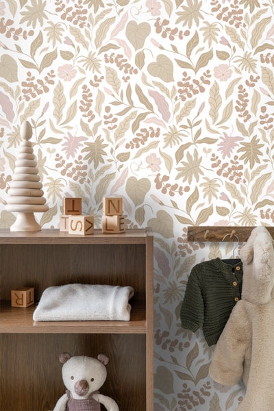 ESTAhome Tapete Blätter und Blumen Beige und Rosa - 50 x 900 cm - 131047