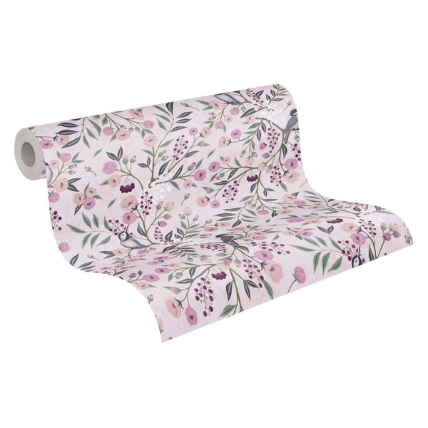 Tapetenrolle mit floralem Muster, Blumen und Vögeln auf strukturiertem Hintergrund