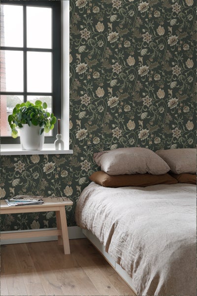 ESTAhome Tapete Blumenmuster Schwarz und Grün - 53 cm x 10.05 m - 139417