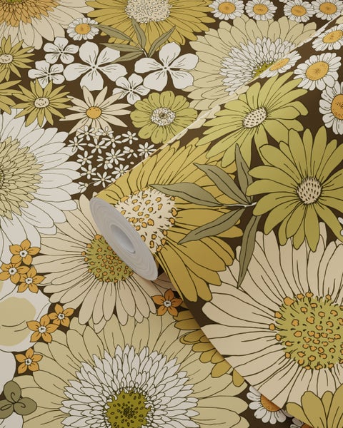 ESTAhome Tapete Retro Blumen Olivgrün und Orangebraun - 50 x 900 cm - 131317