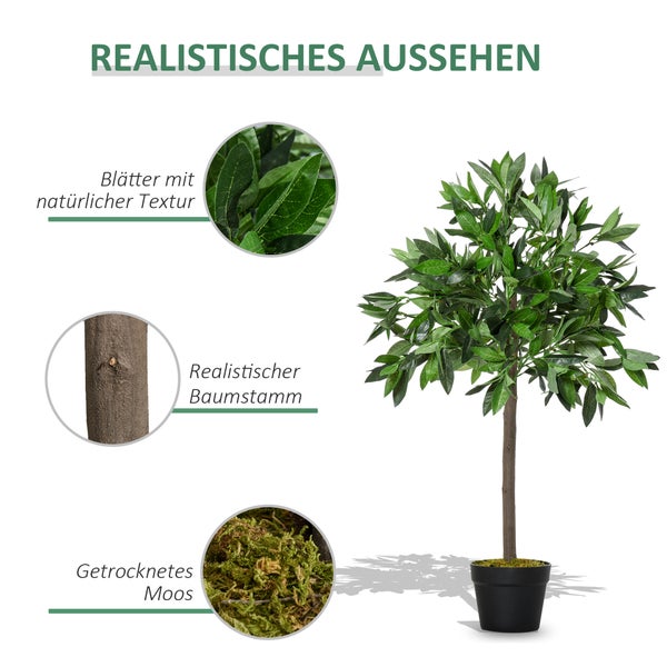 Outsunny 2er-Set Künstlicher Lorbeerbaum, 90 cm Kunstpflanzen im Zementtopf, Zimmerpflanze, künstliche Pflanzen für Indoor, Outdoor, Dekopflanzen, Grün