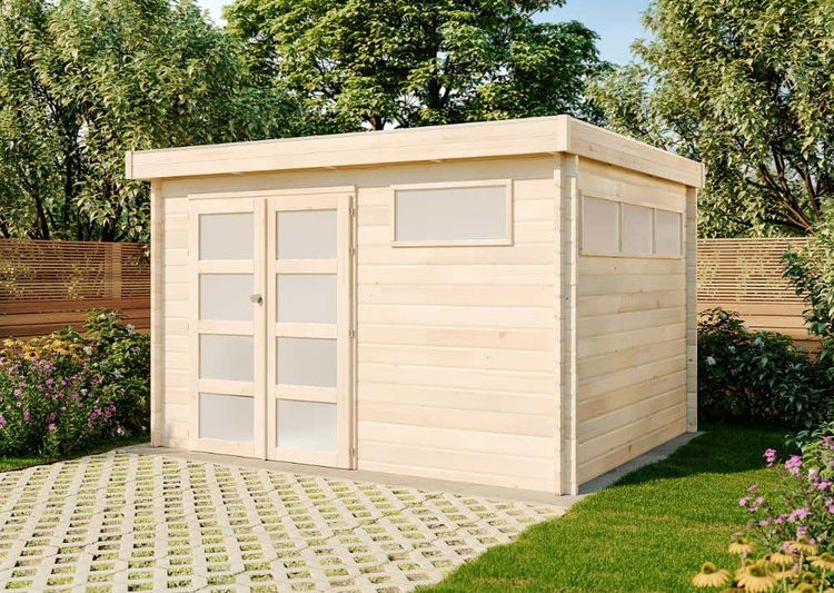 Alpholz Gerätehaus Modern 330x320 Gartenhaus aus Holz, Holzhaus mit 44 mm Wandstärke, Blockbohlenhaus, Naturbelassen 5,1x4,1m