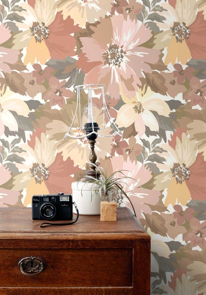 ESTAhome Tapete Blumen Terrakotta und Terrakottarosa - 50 x 900 cm - 131264