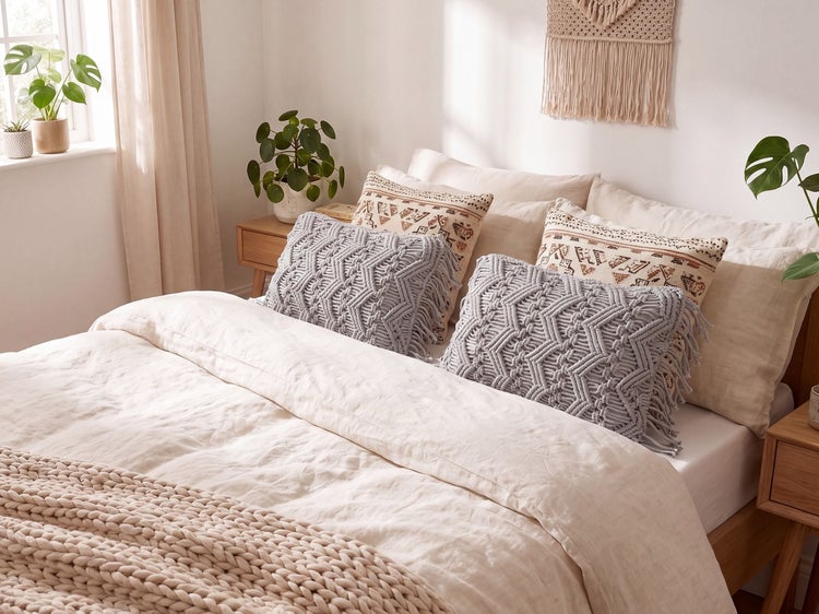 Helles, modern eingerichtetes Schlafzimmer mit einem Bett, das mit Dekokissen im Makramee Stil und einer groben Strickdecke dekoriert ist.