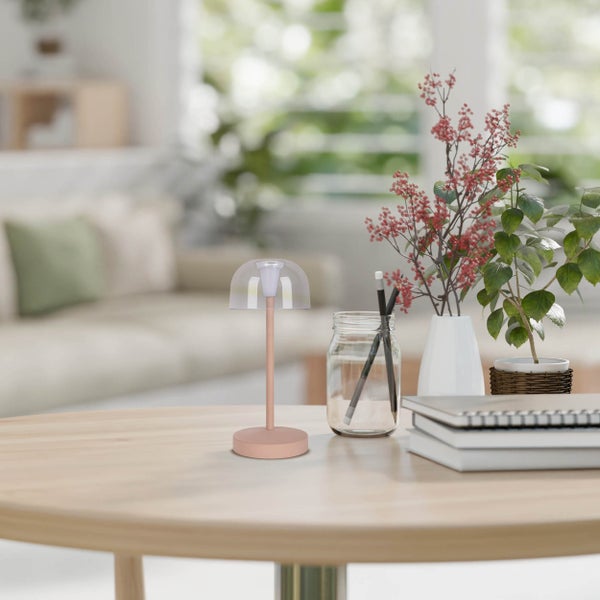 Dekorative Tischleuchte auf einem Tisch, neben Büchern und Pflanzen