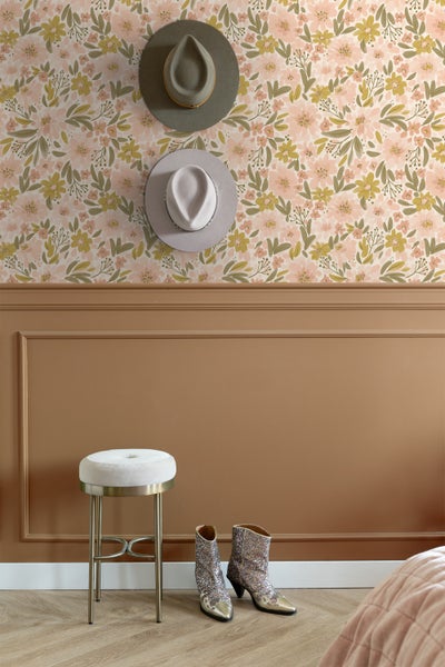ESTAhome Tapete Blumen Hellrosa, Ockergelb und Graugrün - 50 x 900 cm - 130924
