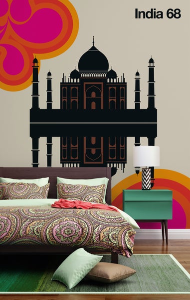 Fototapete India 68 mit Taj Mahal Silhouette und Retro-Kreisen in einem Schlafzimmer mit Mandala-Bettwäsche und grünem Nachtschrank.