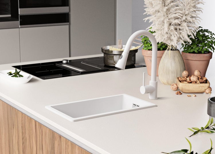 Helle Küche mit Spüle, Armatur, Kochfeld und Dekoration