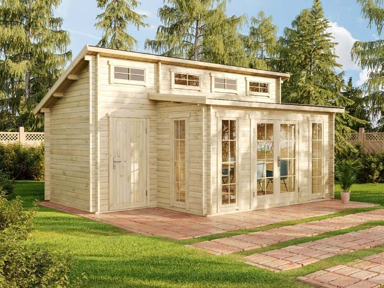 Alpholz Gartenhaus Lausitz ISO mit Anbau Gartenhaus aus Holz, Holzhaus mit 40 mm Wandstärke, Blockbohlenhaus mit Montagematerial