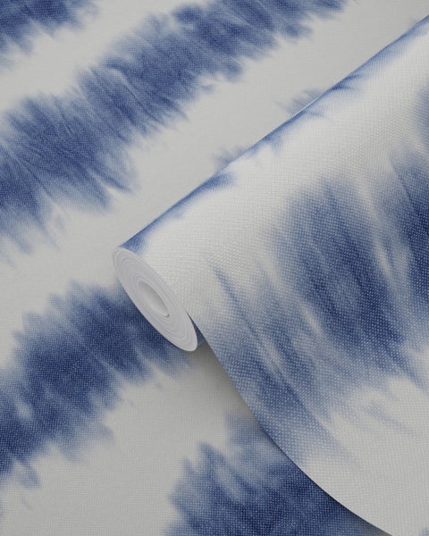 ESTAhome Tapete horizontale Tie-Dye Shibori Streifen Indigoblau und Weiß - 53 cm x 10.05 m - 148689