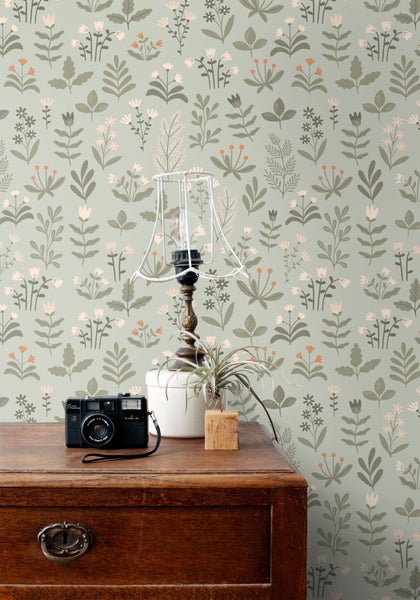 ESTAhome Tapete Feldblumen Hell Graugrün und Beige - 50 x 900 cm - 131097