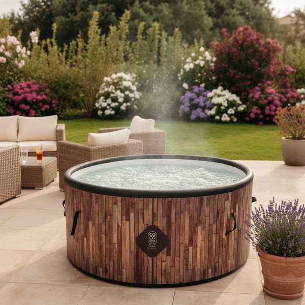 Aufblasbarer Whirlpool in Holzoptik auf einer Terrasse im Garten mit sprudelndem Wasser und Loungemöbeln im Hintergrund.