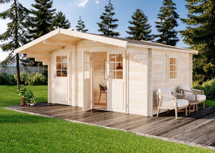 Alpholz Gartenhaus Brüssel ISO Gartenhaus aus Holz, Holzhaus mit 44 mm Wandstärke FSC zertifiziert, Blockbohlenhaus mit Montagematerial, Naturbelassen 4,7x3,2m