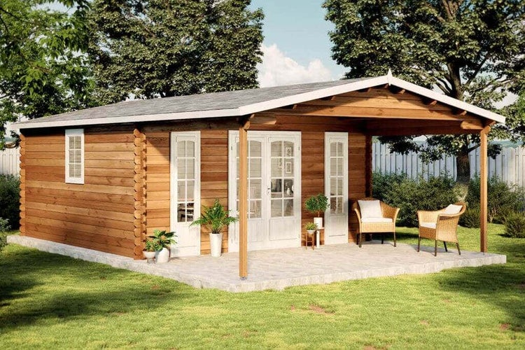 Alpholz Gartenhaus Nyborg-44 ISO Gartenhaus aus Holz, Holzhaus mit 44 mm Wandstärke inklusive Terrasse, Blockbohlenhaus mit Montagematerial, Naturbelassen 5x8m