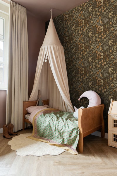 ESTAhome Tapete Blumen und Vögel Graugrün, Braun und Ockergelb - 50 x 900 cm - 131466