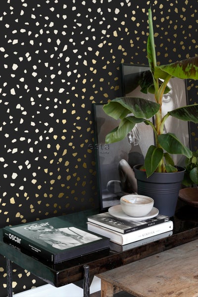 ESTAhome Tapete Terrazzo-Motiv Schwarz und Gold - 53 cm x 10.05 m - 139134