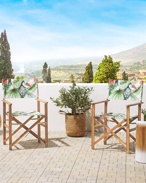 Zwei Regiestühle mit Holzrahmen und tropischem Tukanmuster