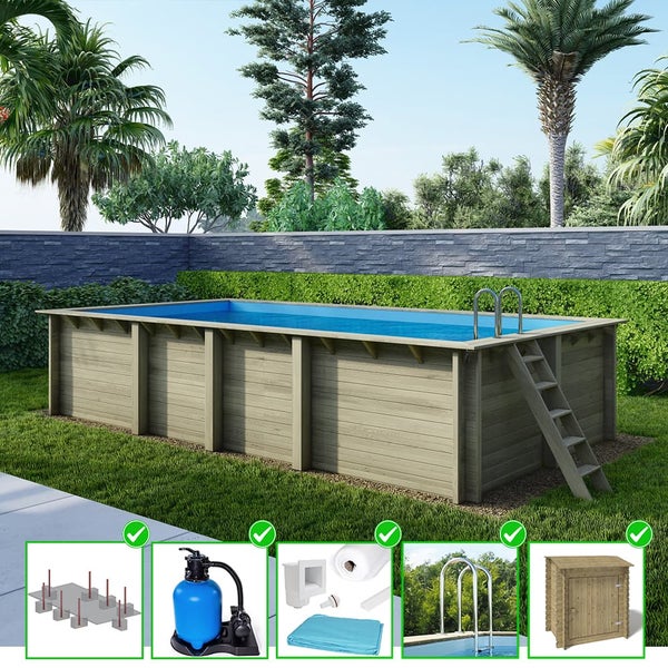 Rechteckiger Holzpool mit Leiter, Sandfilteranlage und Zubehör im Garten
