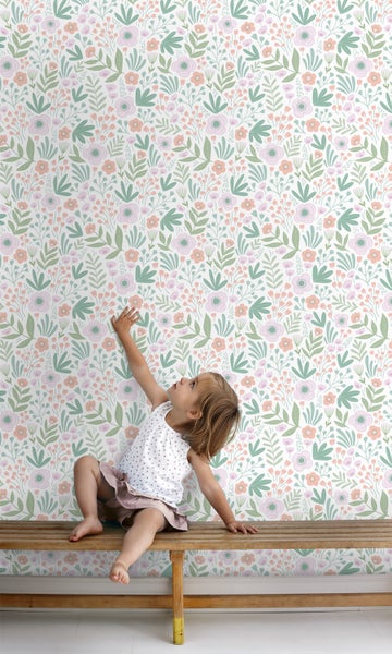 ESTAhome Tapete Blumen Grün, Orange und Violett - 50 x 900 cm - 131064