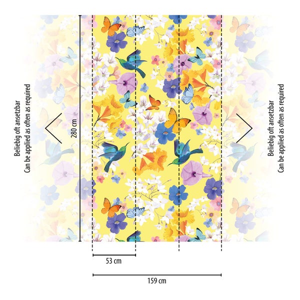 Tapete mit Blumen-, Schmetterlings- und Vogelmuster, Rapport beliebig oft ansetzbar, Maße 159 cm x 280 cm