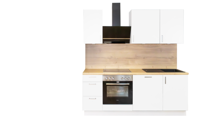 Komplette Küche mit weißen Schränken, Dunstabzugshaube und Elektrogeräten