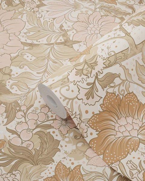 ESTAhome Tapete Blumenmuster Hellrosa, Braun und Taupe - 50 x 900 cm - 131191