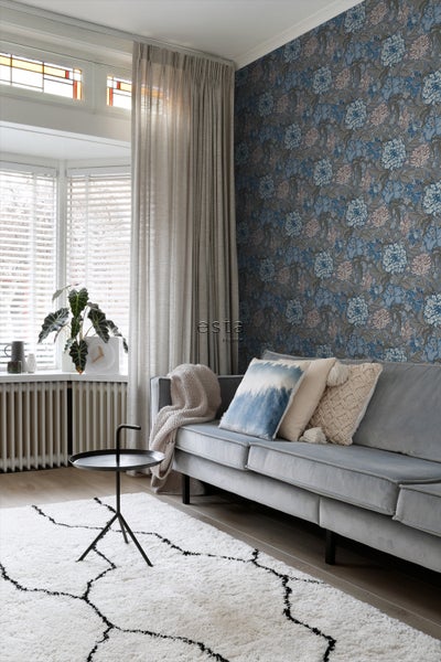 ESTAhome Tapete Blumenmuster Graublau und Grau - 53 cm x 10.05 m - 139480