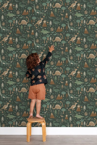 ESTAhome Tapete Dinosaurier Dunkelgrün und Braun - 50 x 900 cm - 139802