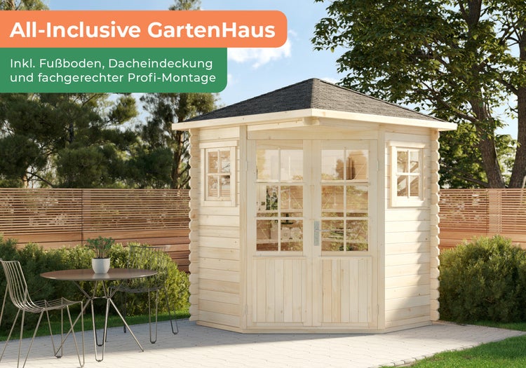 Alpholz Premium Gartenhaus-Set 5-Eck Sunny 2x2m inkl. Boden, Dach & Aufbauservice