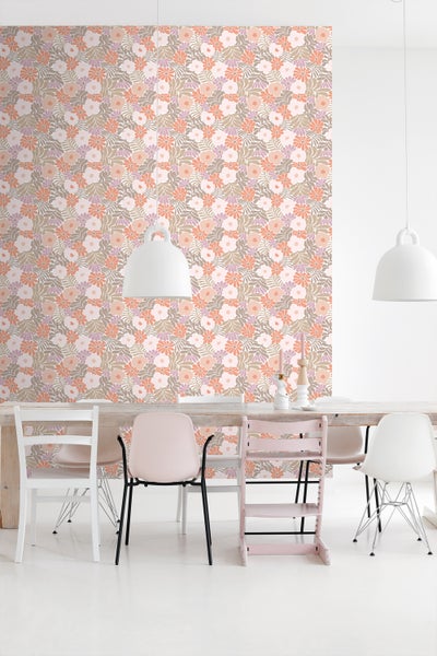 ESTAhome Tapete Blumen im Matisse-Stil Orange, Lila und Hellrosa - 50 x 900 cm - 131003