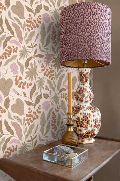 ESTAhome Tapete Blätter und Blumen Beige, Terrakotta und Lila - 50 x 900 cm - 131051