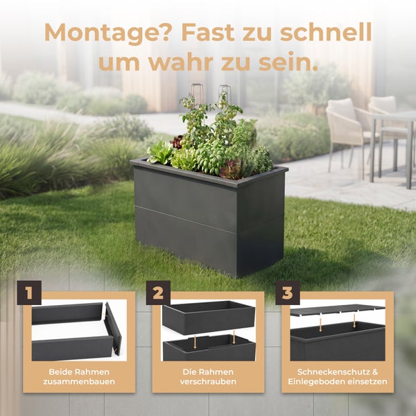Anthrazitfarbenes Hochbeet im Garten mit Montageanleitung in drei Schritten für Rahmen, Verschraubung, Schneckenschutz und Einlegeboden.