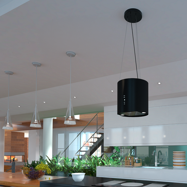 Moderne Küche mit schwarzer Dunstabzugshaube und Pendelleuchten