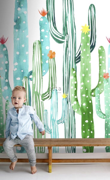 ESTAhome Fototapete gemalte Kakteen in Blüte Dschungelgrün und Türkis - 150 x 279 cm - 158829