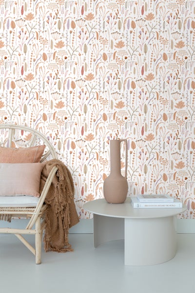 ESTAhome Tapete Feldblumen Terrakotta, Lila, Beige und Weiß - 50 x 900 cm - 131162